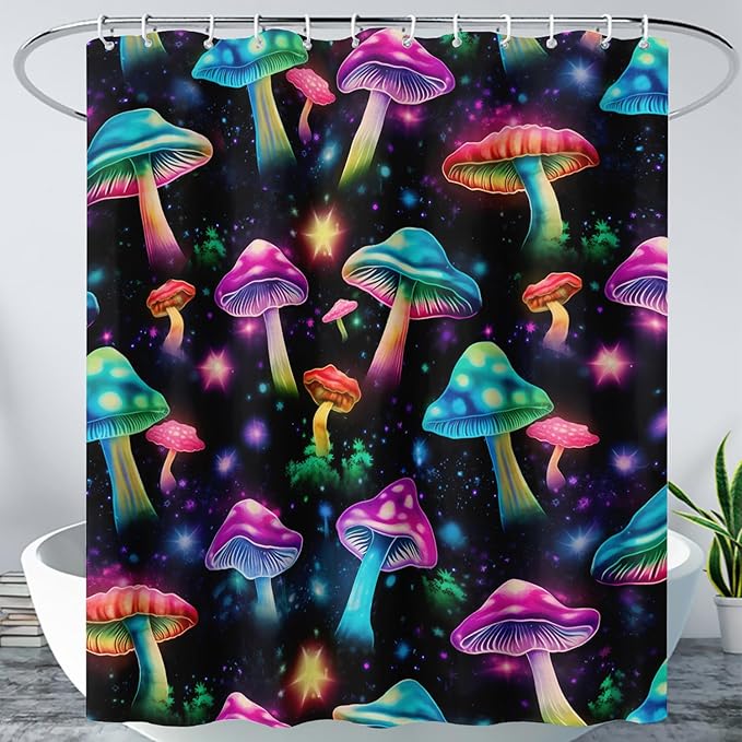 AILONEN Colorful Magic Mushroom Shower Curtain,Natural Fungal Plants Shower Curtain Set for Bathroom,Boho Style Waterproof Fabric Bath Curtain for Kids Girls, 60" W*72" H