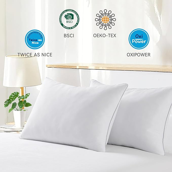 puredown® Goose Feathers Bed Pillows, 100% Cotton Cover, Queen Size Hotel Collection Pillows Set of 2 for Sleeping with Silver Piping, Feather and Polyester Filling