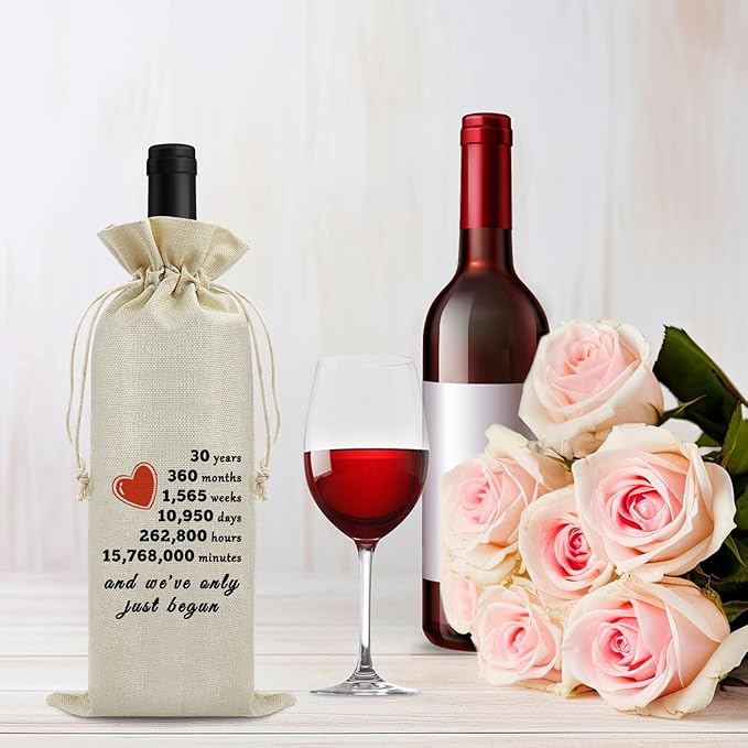 30th Anniversary Wedding Gift for Wife Husband Wine Bag 30th Years of Marriage Gift for Women Men Burlap Wine Wrapping Bag Valentine Christmas Thanksgiving Gifts for Couples Wine Gift Bag