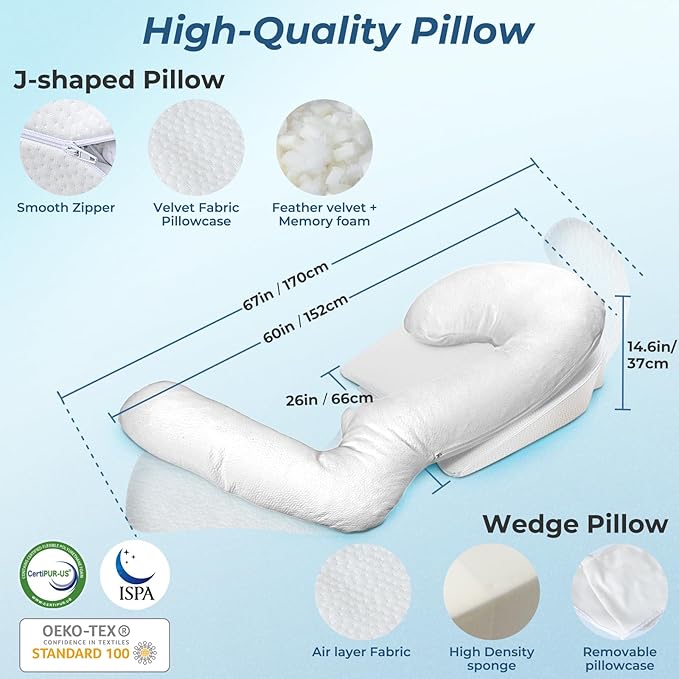 SAHEYER Side Sleeper Pillows with Arm Hole, Shoulder Relief Wedge and Body Pillow System for Adults, Shredded Memory Foam Long Pillow for Shoulder Pain, Acid Reflux and GERD, Size Large (5'10 Within)
