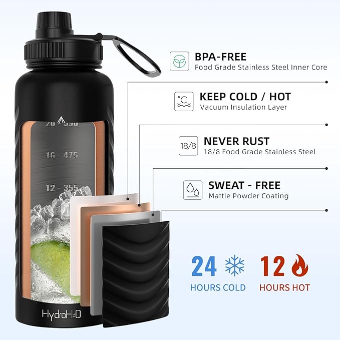 32 oz Insulated Water Bottle - Black Water Bottles with Straw (Spout Lid & Screw Top) & Silicone Boot & Flex Handle - Wide Mouth Stainless Steel Water Bottles - BPA Free - (Black, 1000ml)