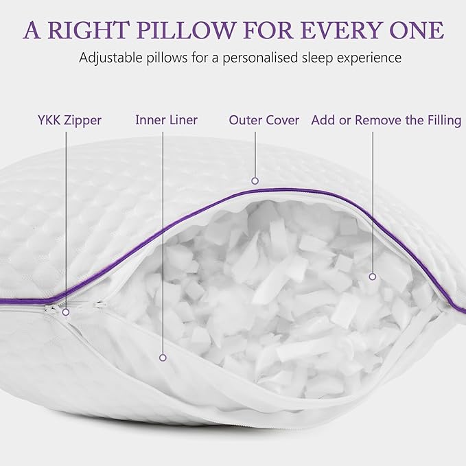 BPC Adjustable Shredded Memory Foam Pillow King Size - Cooling Medium Firm Pillow with Removable Cover Bed Pillows for Sleeping Side Stomach and Back Sleepers, CertiPUR-US