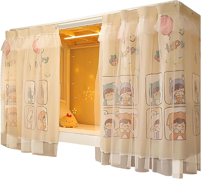 Beautiful Gauze Bunk Bed Curtains Drapes with Lace Privacy Bed Canopy for Bottom, 2 Panels, Happy