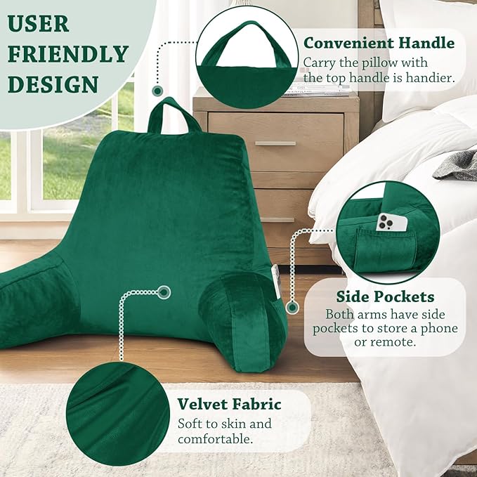 LOVTEX Reading Pillow with Removable Cover, Back Pillow for Sitting Up in Bed with Arms and Pockets, Bed Rest Pillow Adult, 20 x 15 Inches(Emerald Green)