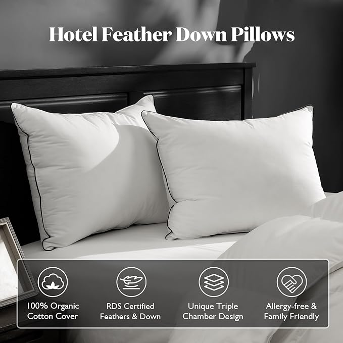 BPC Luxury Feather Down Pillow Standard Size Set of 2 - Medium-Firm Feather Pillow, 3-Chamber Organic Cotton Cover Bed Pillow Inserts, Wrapped in Polyester, 20x26 Inches