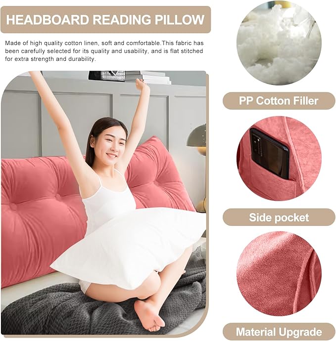 Large Triangular Headboard Pillows Long Backrest Positioning Support Bolster Cushion for Daybed Fluffy Quality Plush Body Wedge Pillow with Removable Cover(Rusty Red -Full-54x8x20in)