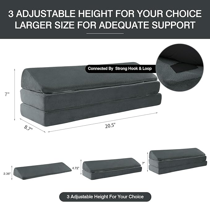 BALAPET 3-in-1 Adjustable Height Wedge Pillow, 7" Height Leg Knee Pillow for Side Sleepers & Aligns Spine, Supportive Bolster Pillow for Pregnancy Relieves Pressure Hip Leg Elevation, 20.5", Dark Grey