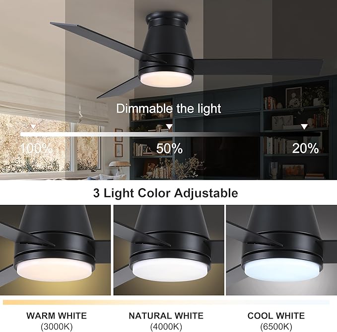 NicBex Ceiling Fan 48 Inch Modern Ceiling Fans with Integrated LED Light and Remote Control Flush Mount Ceiling Fan with 3 Blades for Living Room, Bedroom, Black