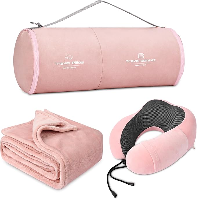 Travel Pillow and Blanket Set Neck Pillow Airplane Memory Foam for Traveling Compact with Bag Pink