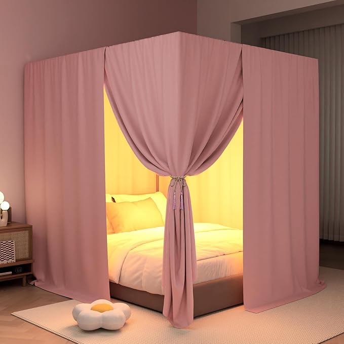 Black Canopy Bed Curtains - 4 Corner Post Bed Curtains Full Lightproof Drapes Bed Canopy with Top Ties and Tie Backs for Adults & Girls Bedroom Decoration(Pink,Full)