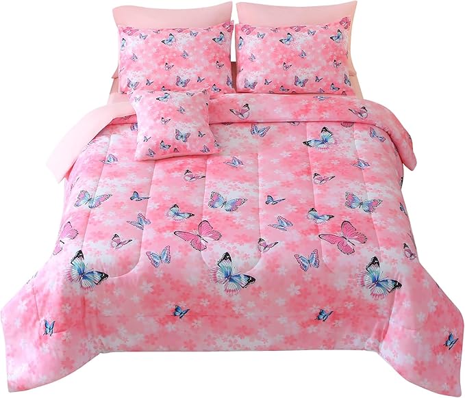 JQinHome 6 Piece Butterfly Comforter Set Twin, 3D Pink Flower Printed Butterfly Bedding Set,All Season Microfiber Butterfly Theme Home Decor Bedding for Girls with Sheet Sets(Pink)