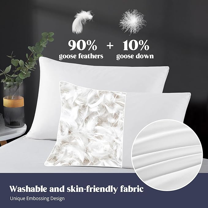 puredown Goose Feather Pillows, 100% Cotton Cover White Bed Pillows King Size Set of 2, Hotel Collection for Bedroom Sleeping (20 x 36, 2 Pack)