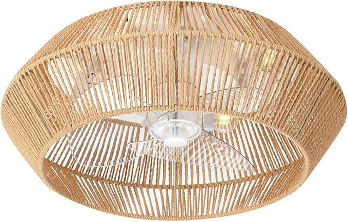 Small 20" Boho Reversible DC Ceiling Fan with Light Fixture and Remote Control, Enclosed Cage Flush Mount Caged Low Profile Fandelier for Nursery Office Dining Room Indoor Kitchen Bedroom