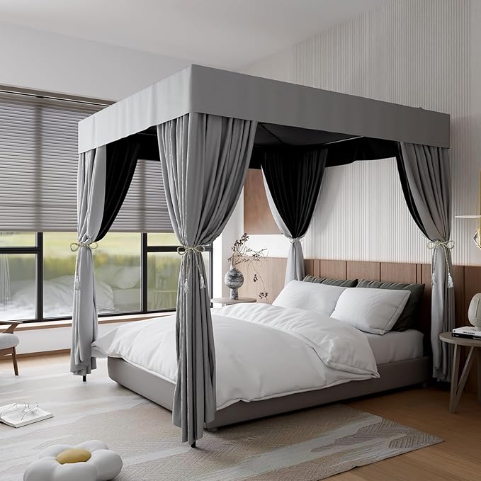 Hvqic Grey Canopy Bed Curtains - 4 Corner Post Bed Curtains King Bed Curtains Lightproof Drapes Bed Canopy for Adults & Girls Bedroom Decoration(King,Grey)