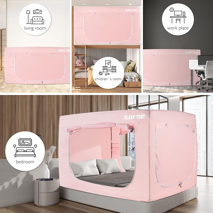 BORNA Bed Tent Twin Bed Canopy for Indoor Portable Light Reducing Sleeping Canopy for Kids and Adult,Bunk Blackout Tents Breathable Privacy Space Tent Mosquito Netting for Bed(Macaron Pink)