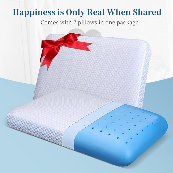 QUTOOL Memory Foam Pillows 2 Pack, Ventilated Bed Pillow with Cooling Washable Cover, Cervical Contour Pillow for Side Back Sleeper, Blue White