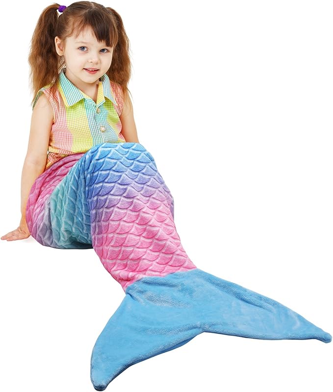 Catalonia Kids Mermaid Tail Blanket, Super Soft Plush Flannel Sleeping Snuggle Blanket for Girls, Rainbow Ombre, Fish Scale Pattern, Mermaid Gifts for Girls Birthday