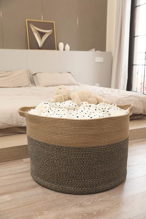 24" x 24" x 17" Max Size Large Cotton Rope Basket, Extra Large Storage Basket, Woven Laundry Hamper, Cloth Storage Bin, for Blankets Clothes Towels Pillows in Living Room, Jute/Black Mix