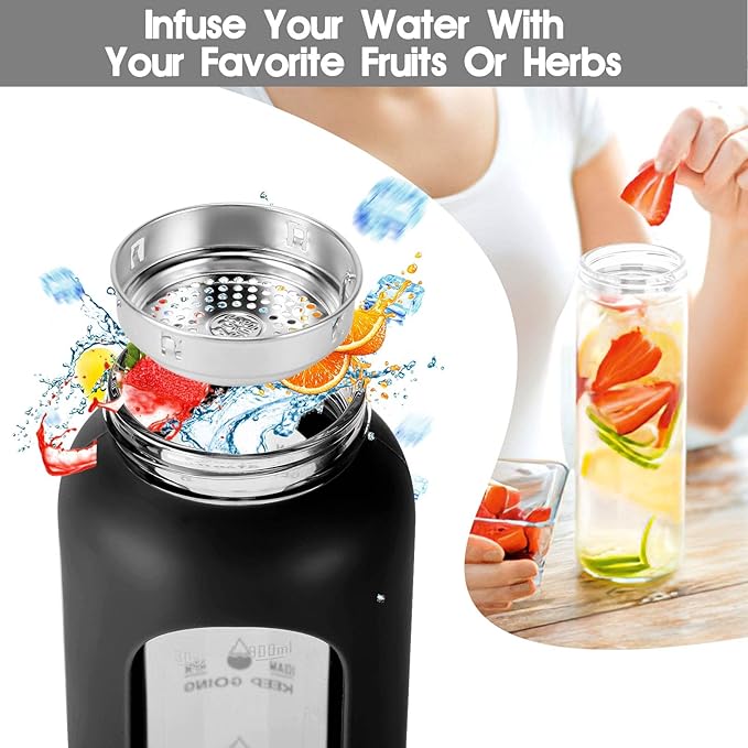 32 oz Glass Water Bottles with Straw - Motivational Glass Water Bottle with Time Marker & Silicone Sleeve - Reusable Glass Tumbler Includes 2 Bamboo Lids & Fruit Infuser - 1 Pack
