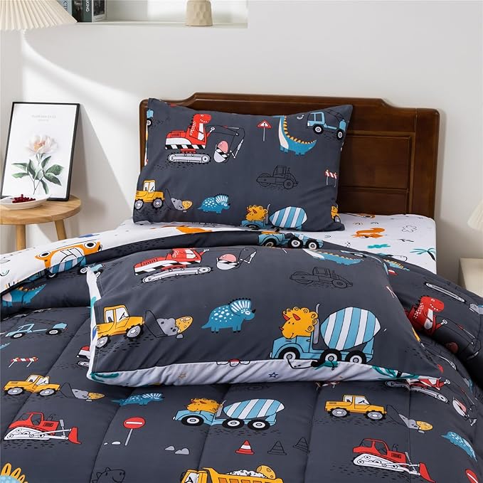 Meeting Story Construction Truck Car Full Comforter Set for Boys,5 Pieces Dinosaur Bedding Set with Sheets and Pillowcases，Excavator Lightweight Microfiber Bedding Sets（Grey，Full5pcs）