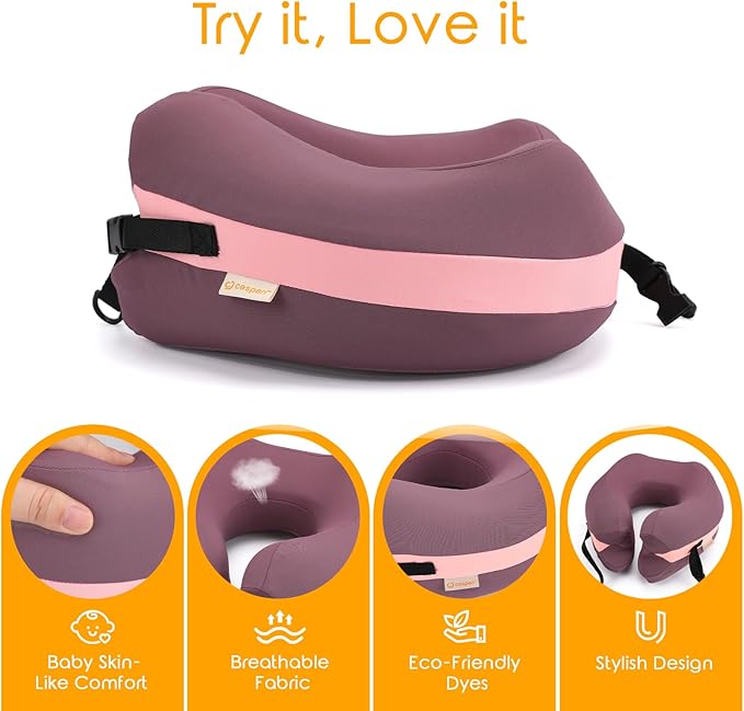 Travel Neck Pillow Premium Memory Foam, Head Chin Support, Adjustable Length for Comfort. Airplane Travel Kit with Contoured Eye Mask, 3-Layer Earplug and Travel Bag (Mulberry Purple)