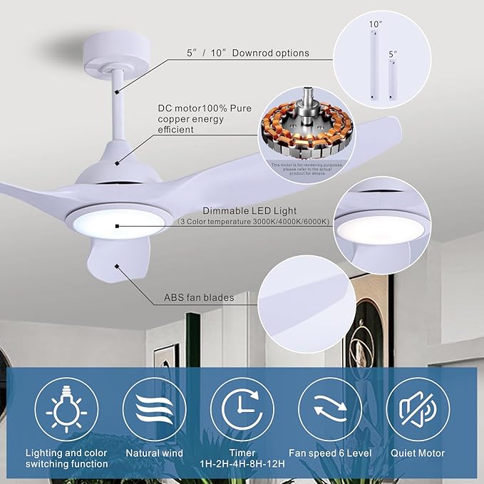 52 inch Ceiling Fan with Light and Remote Control, for Indoor or Covered Outdoor, LED White Morden Quite DC Motor 3 Colour Temperature, Living Room Master Bed Room Patio (52in)