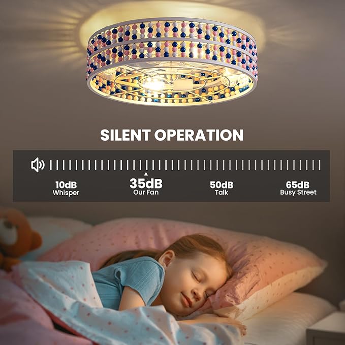 Moooni Colorful Wood Beaded Ceiling Fan with Light 19 inch Boho Wood Beaded Fandelier 6 Speed Flush Mount Ceiling Fan with Light Boho Fandelier