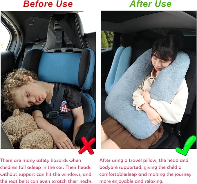 Kids Travel Pillow for Car Seat with Hand Muff, Cartoon Neck & Headrest Seat Belt Pillow for Car Road Trips Long-Distance Travel Sleeping Pillow for Adults and Children, Black