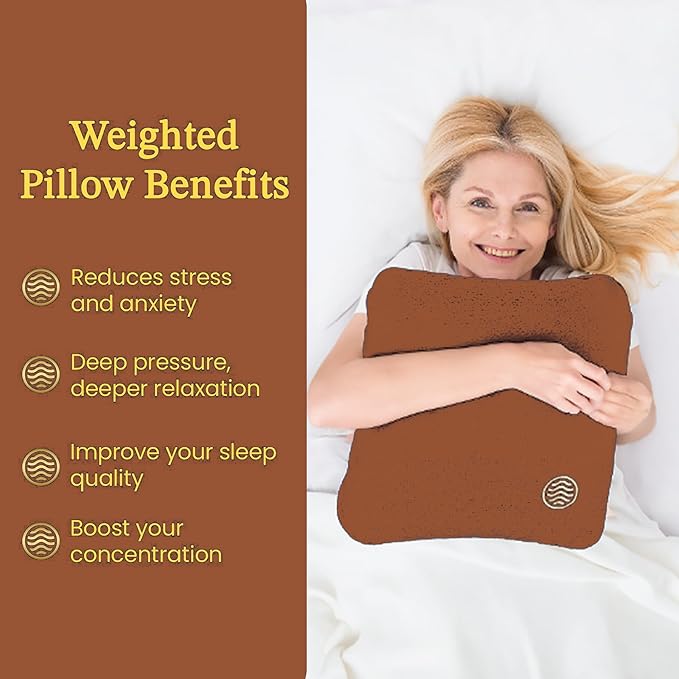 Plush Weighted Pillow 9lbs - Enhances Relaxation and Comfort with Ultra Plush Cooling Fabric - Cool Alternative to Weighed Blanket - Glass Beads Weight, Machine Washable (Fleece, Brown)