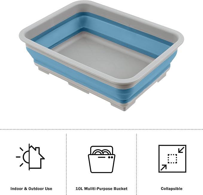 Set of 2 Multipurpose Wash Bins – 10-Liter Basins for Camping, Parties, or Cleaning – Collapsible Bucket Set by Wakeman (Blue)