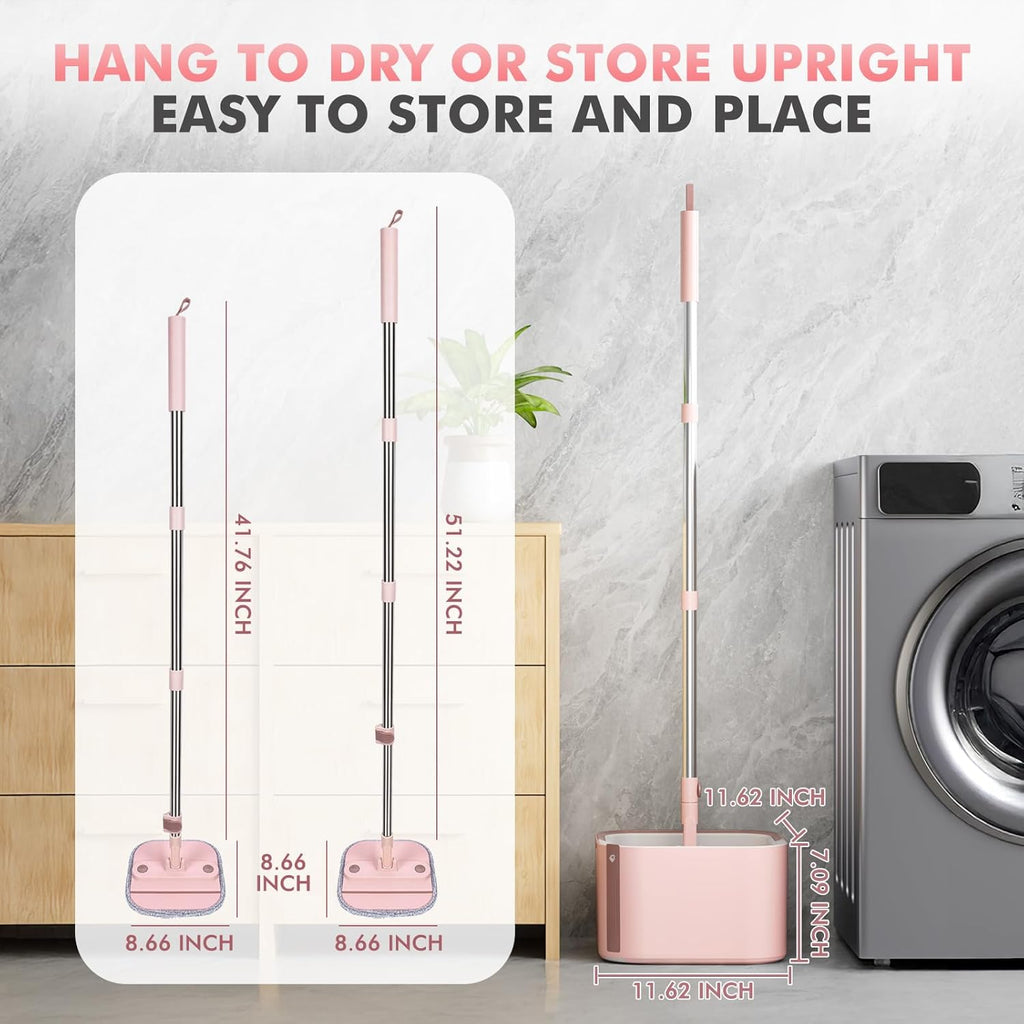 Upgraded Spin Mop and Bucket Set Self-Standing Mop Bucket Separate Dirty and Clean Water System Self Wringing 360° Rotating 90° Foldabl Mops and Buckets for Floor Cleaning (Pink, 6Pads)