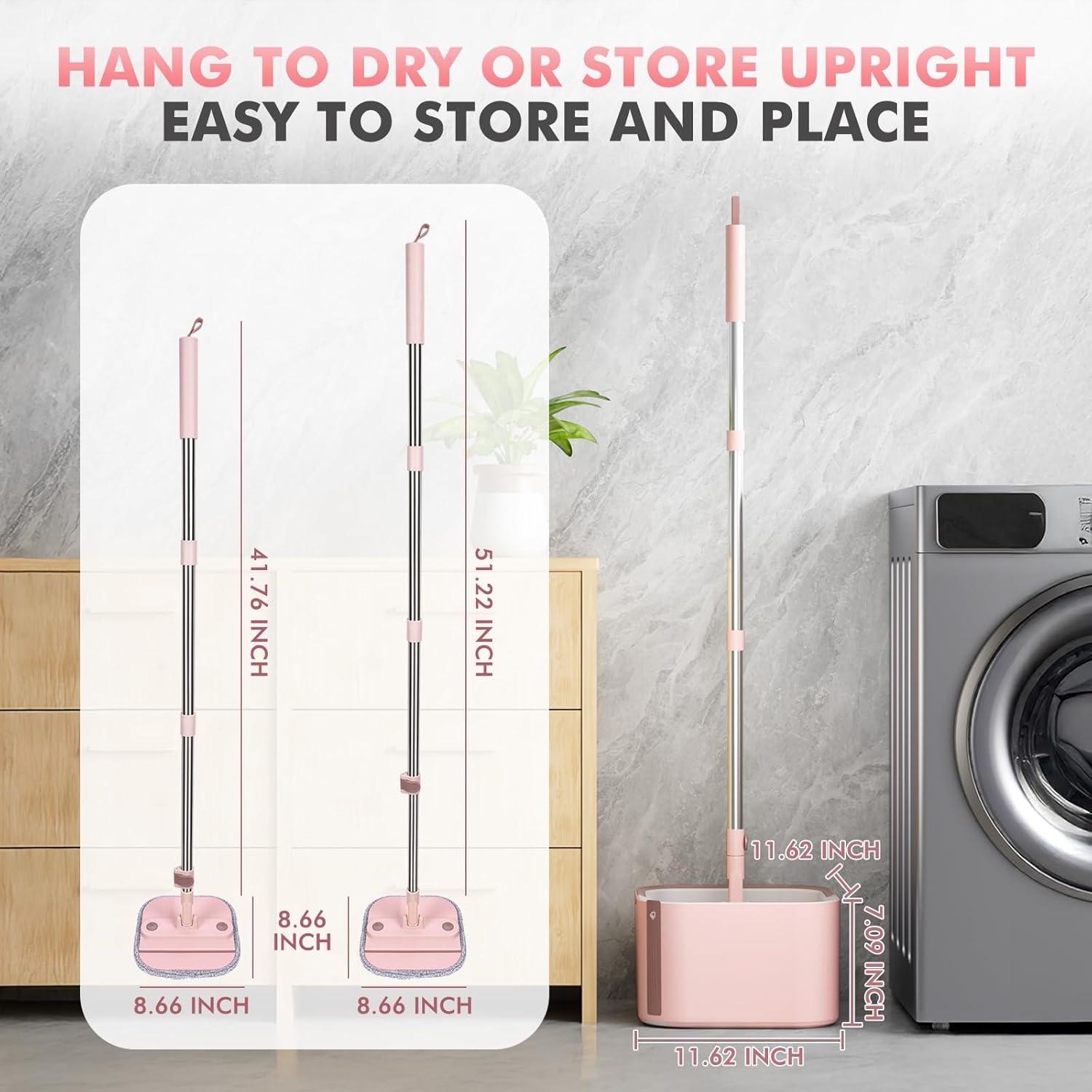 Upgraded Spin Mop and Bucket Set Self-Standing Mop Bucket Separate Dirty and Clean Water System Self Wringing 360° Rotating 90° Foldabl Mops and Buckets for Floor Cleaning (Pink, 6Pads)