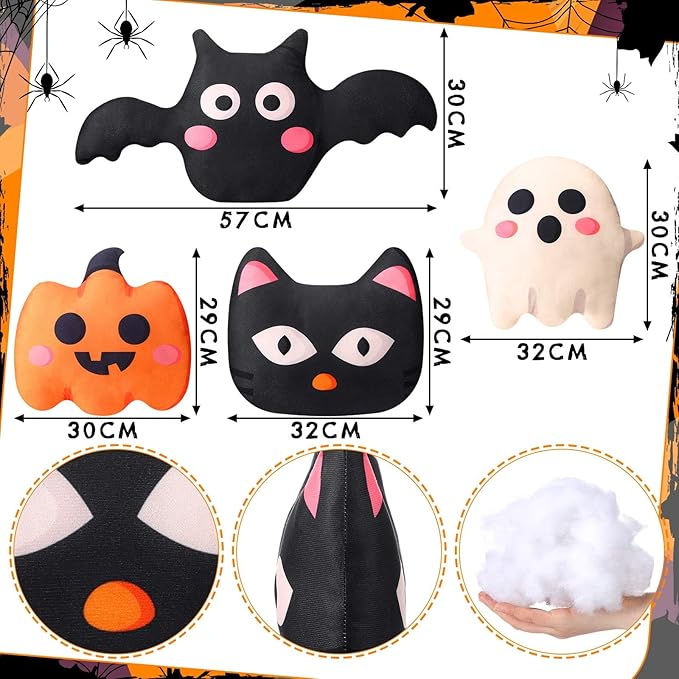 4 Pcs Halloween Plush Pillow Cat Pumpkin Bat Ghost Shaped Plush Pillow Halloween Cushion Creative Holiday Pillow Case Farmhouse Decor for Sofa Bed Couch Halloween Holiday Party Gift