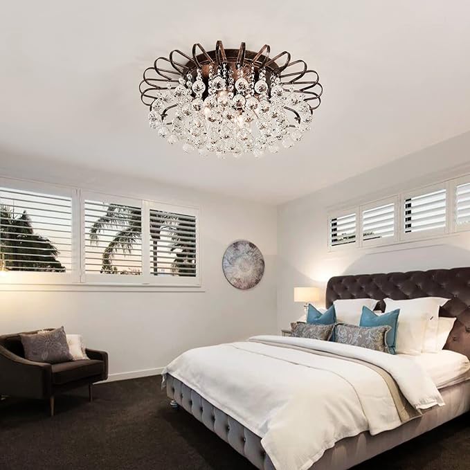 CVKASH 4-Light Crystal Floral Chandelier Modern Bronze Flush Mount Raindrop Crystal Ceiling Lighting Fixture Farmhouse Chandelier for Bathroom Living Room Bedroom Dining Room Entryway