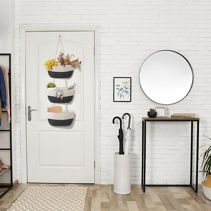 3 Tier Wall Mounted Woven Hanging Basket, Over the Door Hanging Basket with Hooks, Decorative Storage Hanging Closet Removable, Large Wall Basket for Living Room, Bedroom, Kitchen (Gray)