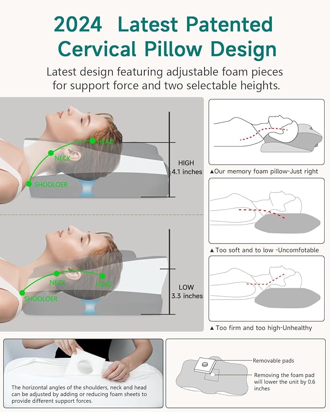 Cervical Pillow for Neck & Shoulder Pain Relief - Adjustable Ergonomic Pillow with Cooling Pillowcase,Memory Foam Pillow Fit for Side, Back & Stomach Sleepers(Gray-White)