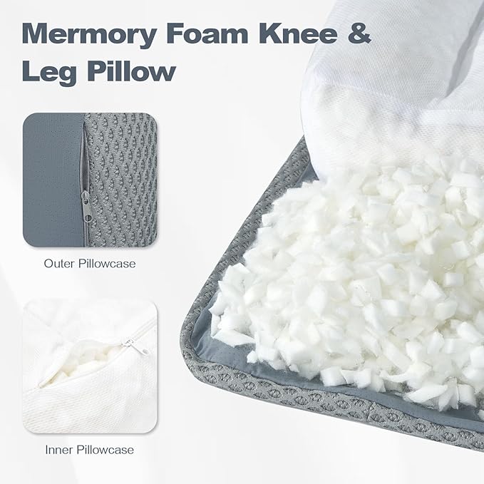 Cooling Memory Foam Knee Pillow for Side Sleepers, Between Legs Pillow, Soothing Relief for Sciatica Back HIPS Knees Joints, with Inner Pillowcase and Extra Foam Filler, Grey