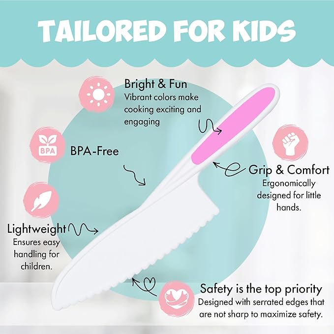 Kid Knives 3 Piece Nylon Kitchen, Kid Safe Knives, Kids Knives for Real Cooking, Toddler Knives Kids Knife Set for Cooking and Baking Kid Friendly Knives - (Multi Pink)