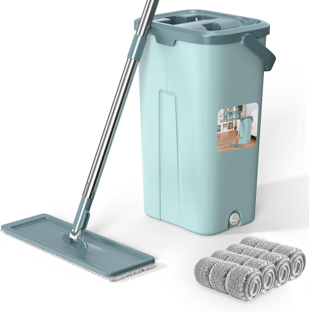 Aifacay Mop and Bucket with Wringer Set, Flat Wall Mop and Bucket Set with 4 Reusable Microfiber Pads, Hand Wash Free Floor Cleaning System Wet and Dry Use for Hardwood Tile Window Corner Baseboard