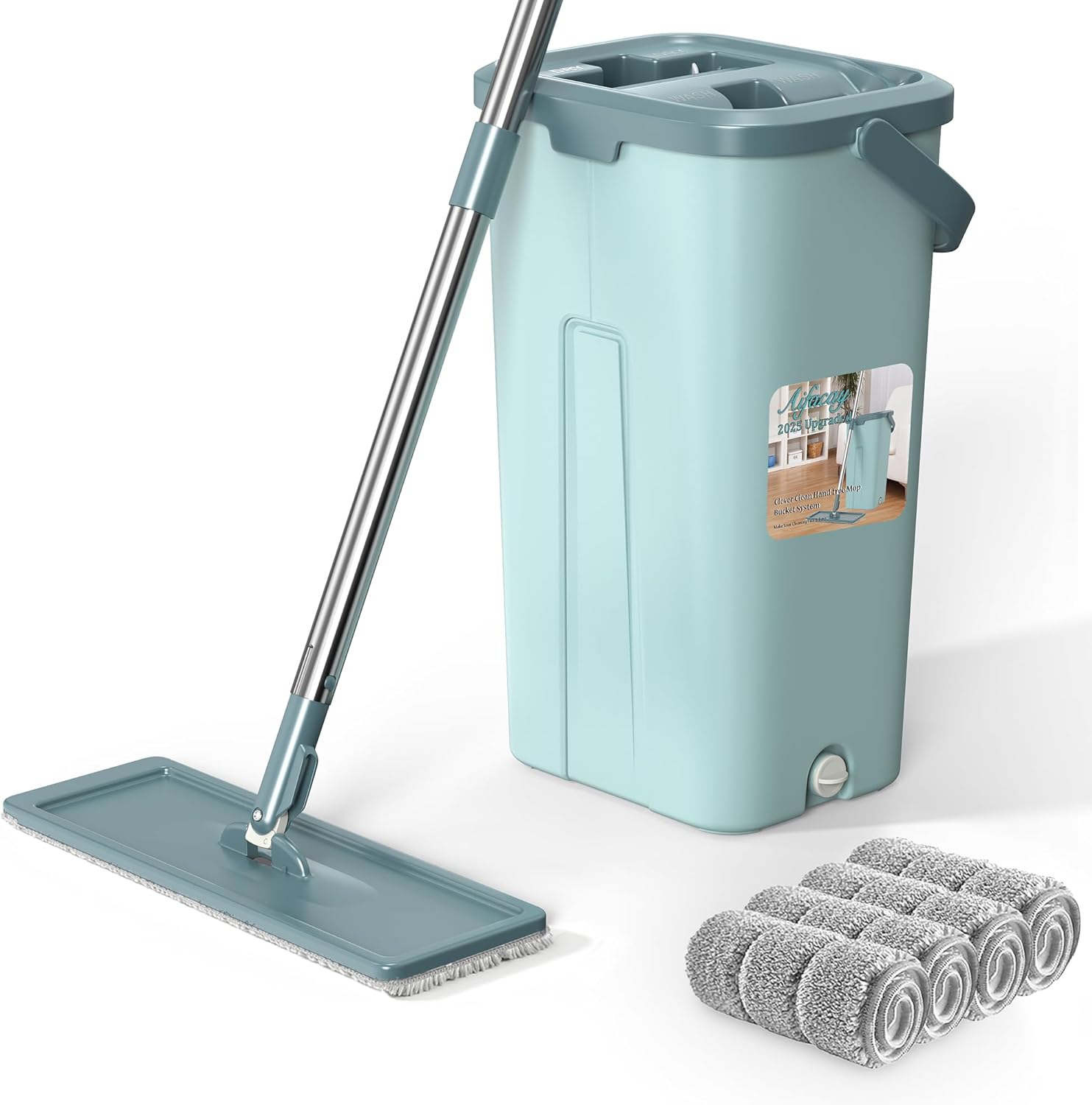 Aifacay Mop and Bucket with Wringer Set, Flat Wall Mop and Bucket Set with 4 Reusable Microfiber Pads, Hand Wash Free Floor Cleaning System Wet and Dry Use for Hardwood Tile Window Corner Baseboard