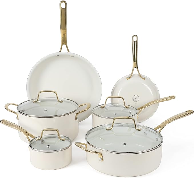 Martha Stewart Lockton Premium Nonstick PFA Free Ceramic Interior 10 Piece Heavy Gauge Enamel Aluminum Pots and Pans Cookware Set - Linen White w/Gold Handle