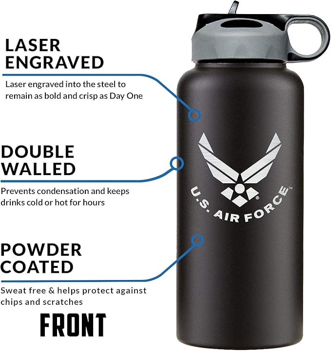 32oz Air Force Stainless Steel Insulated Water Bottle with Engraved USAF Logo - Air Force Gifts for Veterans | Disabled USMC Vet Owned SMALL Business