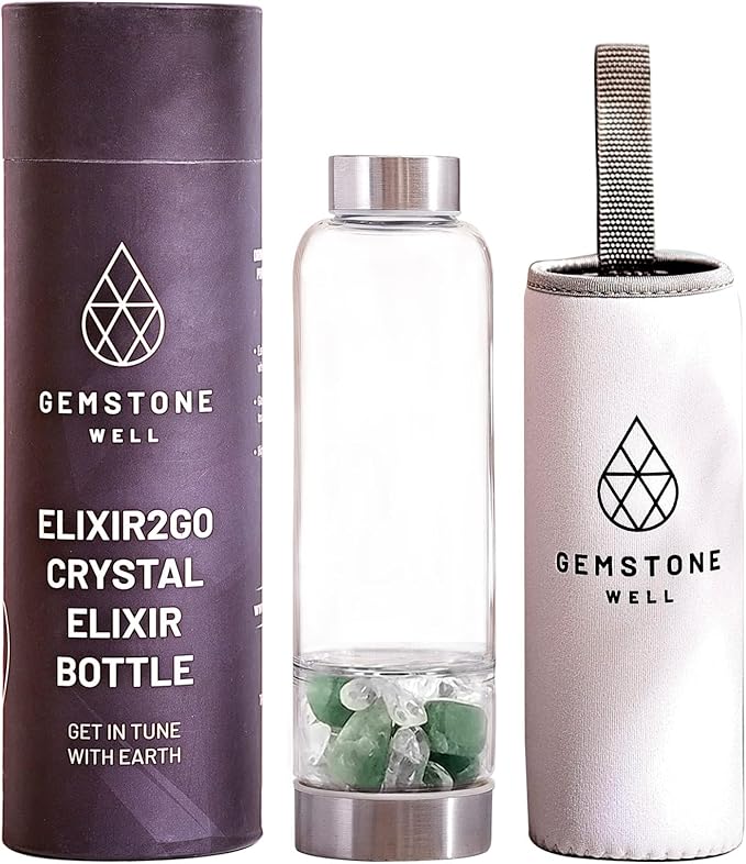 Crystal Water Bottle Elixir Set | Includes Authentic Green Beryl & Clear Quartz Healing Crystals | Black Neoprene Sleeve | Drink Gem Infused Water On The Go