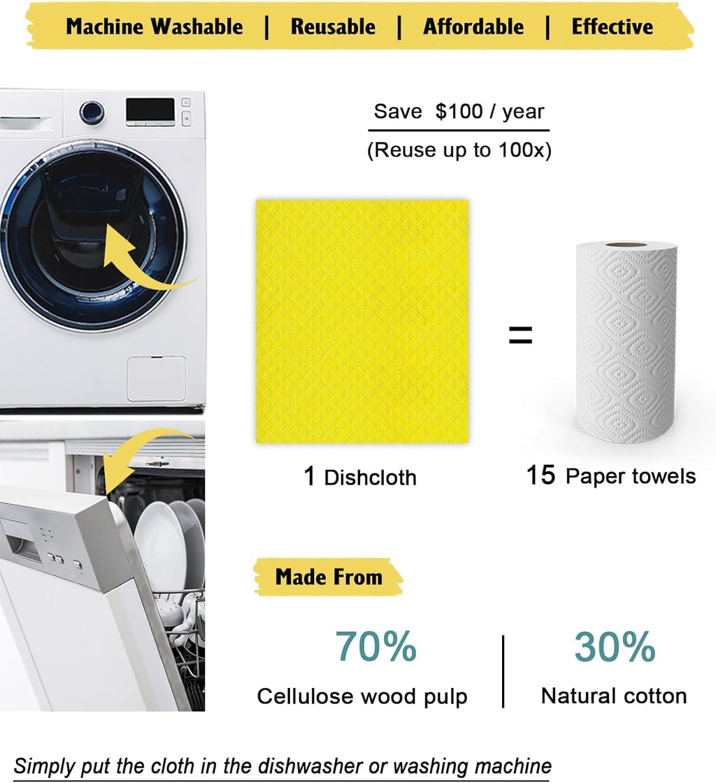 Swedish Dishcloths for Kitchen | 10 Pack Absorbent Cellulose Sponge Cloths Washable | Non-Scratch Reusable Paper Towels Quick Drying Cleaning Rag - Yellow