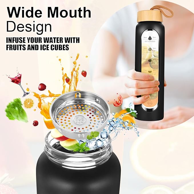 32 Oz Borosilicate Glass Water Bottle with Times to Drink | BPA Free - Reusable Wide Mouth Glass Motivational Water Bottles with Infuser & Silicone Sleeve (black)