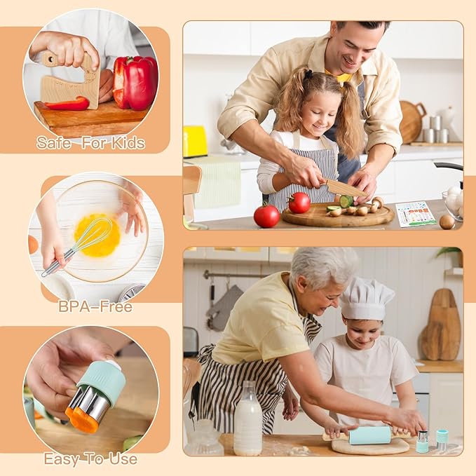 Kids Cooking Sets Real, Suhctuptx Kids Cooking and Baking Set, Wooden Kid Knife with Cutting Board Apron Rolling Pin Whisk, Toddler Real Kitchen Accessories, Birthday Gifts for Girls Boys Age 3-8