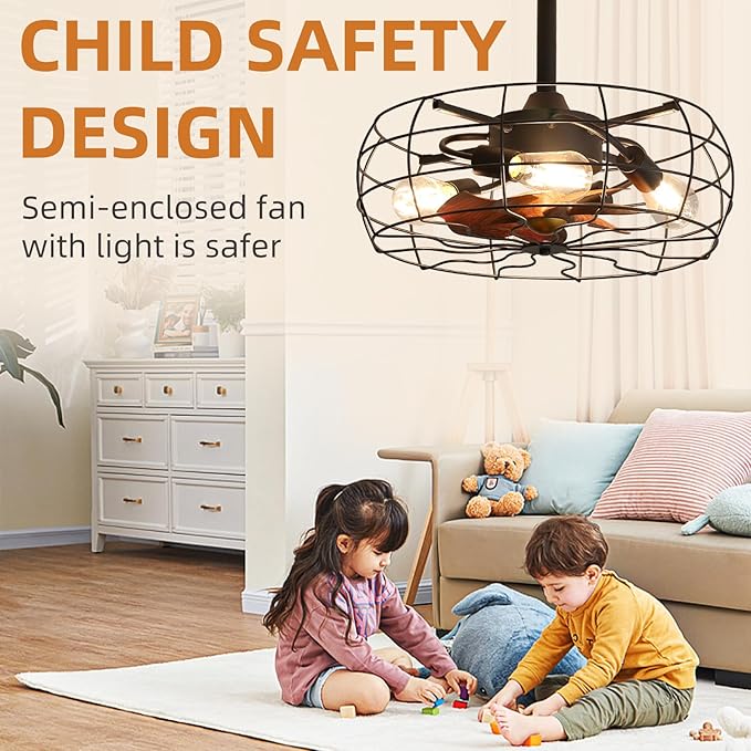 NicBex Ceiling Fan 20 Inch Ceiling Fans with Lights Caged Ceiling Fan with Blades and Remote Control Down Rod Mount Ceiling Fans for Bedroom, Living Room, Black