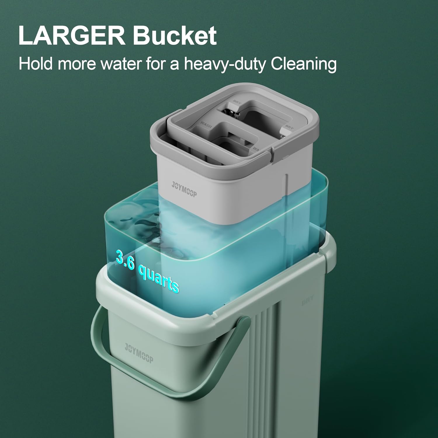 JOYMOOP Mop and Bucket with Wringer Set, Flat Squeeze Mop with Bucket (X-Large), Dust Mop for Wall Cleaner with Long Handle, Microfiber Mop - Green Bucket with 3 Reusable 15" Pads