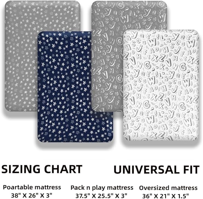 4 Pack Fitted Pack N Play Sheets for Baby Boys Neutral Unisex Breathable Soft Toddler Mini Crib Sheets for Pack and Play Mattress (Letter Print)