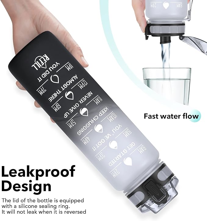 32oz Motivational Water Bottle with Time Marker & Fruit Strainer, Leak-proof BPA Free Non-Toxic Bottle with Carrying Strap, Perfect for Fitness, Gym and Outdoor Sports